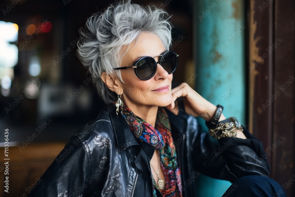 Portrait of a beautiful senior woman with gray hair and sunglasses.