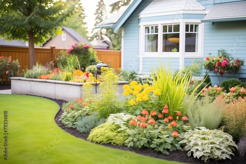 Fototapeta Naklejka Na Ścianę i Meble -  neatly edged garden beds with a variety of shrubs and flowers