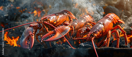 Lobsters over fiery coals, an enticing display of seafood grilling to perfection
