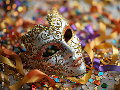 Beautiful carnival mask on bright shiny colored background, tinsel, sequins, holiday, confetti. New Year's holidays, carnival, birthday. Photorealistic, background with bokeh effect. 