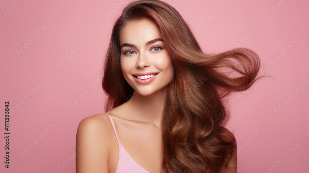 Portrait of a beautiful, sexy happy smiling woman with perfect skin and long hair, on a pink background, banner.
