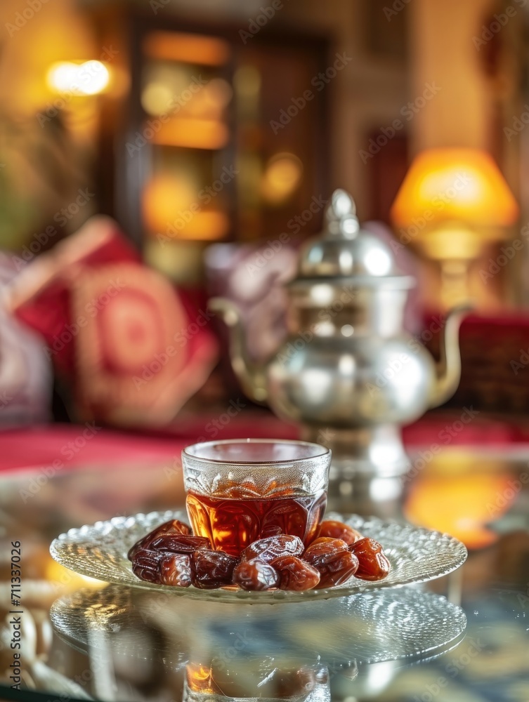 dates fruit and cup tea drink at sunset for breaking fasting in ramadan holy month 