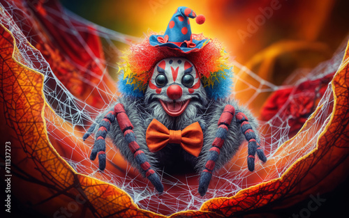 A colorful cheerful clown spider sits in the web photo