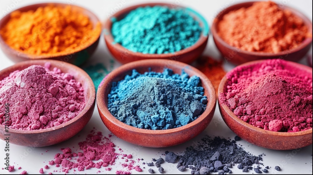 Holi color festival vibrant colours powder in bowls on white, closeup. Hindu holiday celebration Holi color festival vibrant colours powder in bowls on white, closeup. Hindu holiday celebration