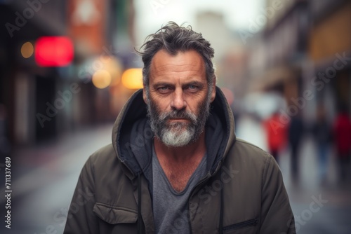 Portrait of a senior man with grey beard in the city street.