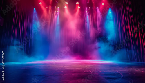 Blue and purple stage neon lights with fog create a moody and theatrical atmosphere for a performance, AI generated