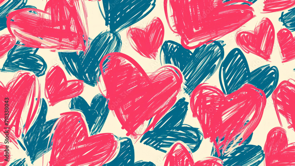 Scribbled doodle love hearts in red and blue as seamless wallpaper background pattern - obrazy, fototapety, plakaty 