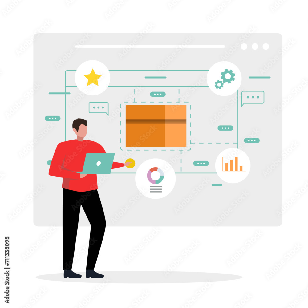 a man is standing and presenting about his business and marketing graphs that keep going up flat design, vector illustration a man is standing and presenting about his business and marketing graphs that keep going up flat design, vector illustration