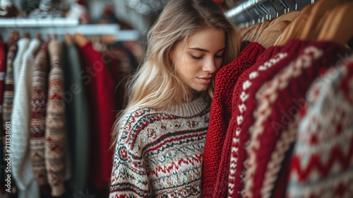 Experience the holiday cheer as a woman carefully selects a Christmas sweater from a rack in a close-up shot 