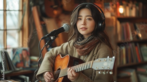 girl influencer playing guitar and wear headphone with guitar record podcast onair online live streaming in her bedroom.A large window allows natural light to fill the room 