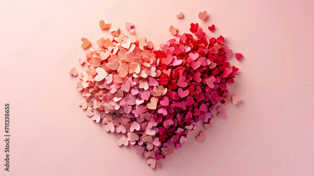 Abundance of small red hearts forming big love heart on pink background