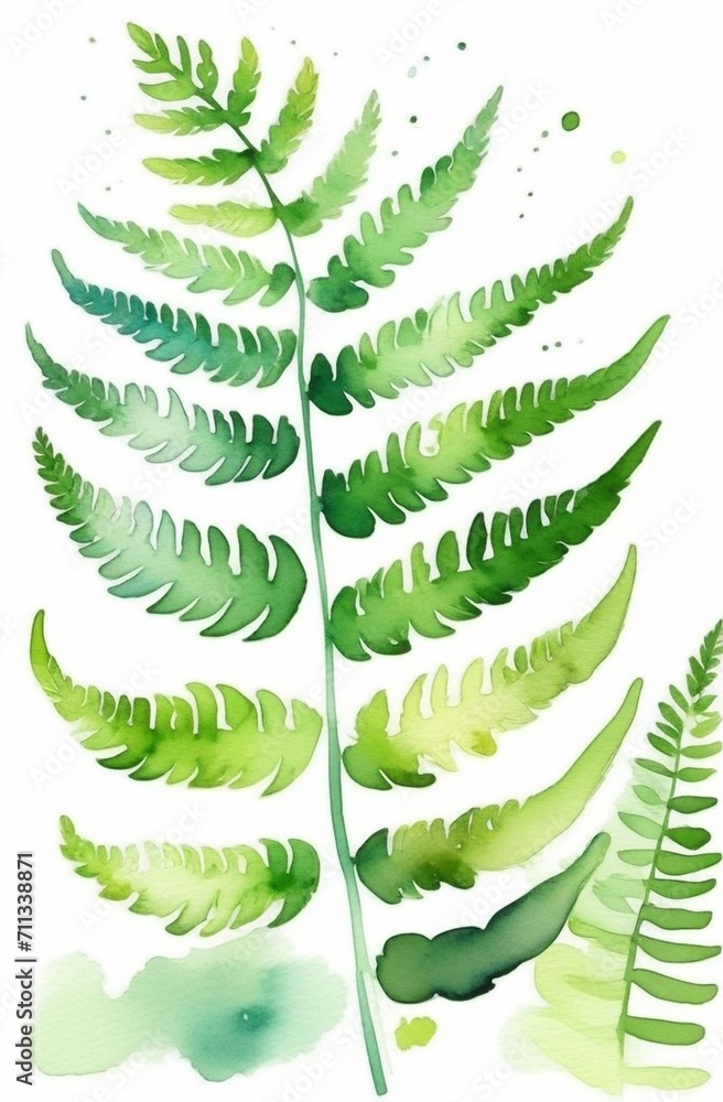 fern leaf on a white background, illustration, picture, watercolor, greenery, postcard