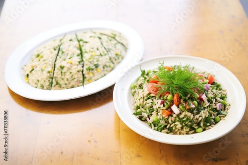 baba ganoush and tabbouleh salad side by side on a serving plate