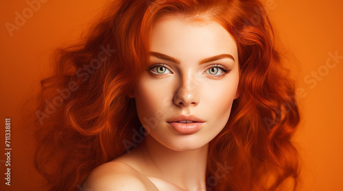 Portrait of an elegant, sexy happy Caucasian woman with perfect skin and red hair, on an orange background, banner.