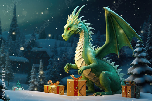 Cute green christmas dragon in santa hat in cartoon style with gift boxs .The dragon is the symbol of 2024. New Year holiday card. Happy New Year! © syhin_stas
