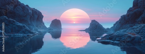3d render,abstract zen seascape background.new world,calm water and pastel gradient sky.Futuristic minimalist wallpaper. © Amonthep