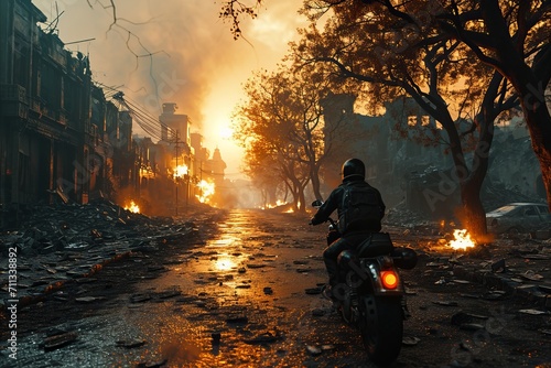 Street of destroyed city with refugee on bike. War concept.