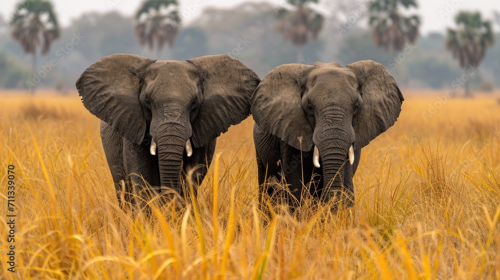 Naklejka premium Couple of elephants in the savannah Surrounded by nature