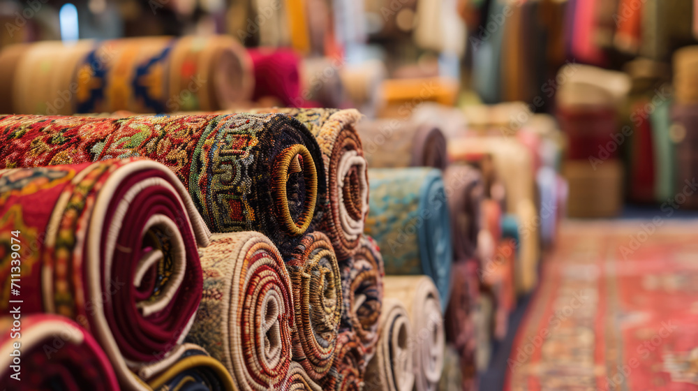 Fototapeta premium Colourful carpets on display, rolled up in a decor store.
