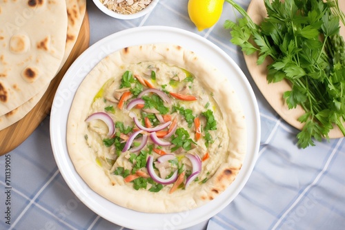 top view of baba ganoush surrounded by freshly baked pita bread
