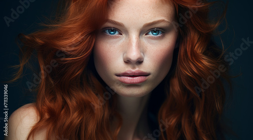 Portrait of an elegant, sexy happy Caucasian woman with perfect skin and red hair, on a dark blue background, banner.