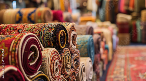 Colourful carpets on display, rolled up in a decor store. photo