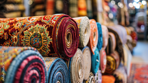 A variety of rolled-up carpets in a home decor shop.