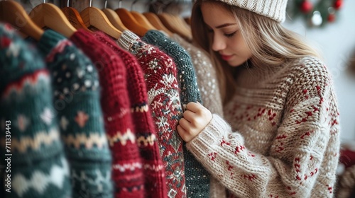 Capture the festive moment of a woman choosing a Christmas sweater from a rack, highlighted in a close-up