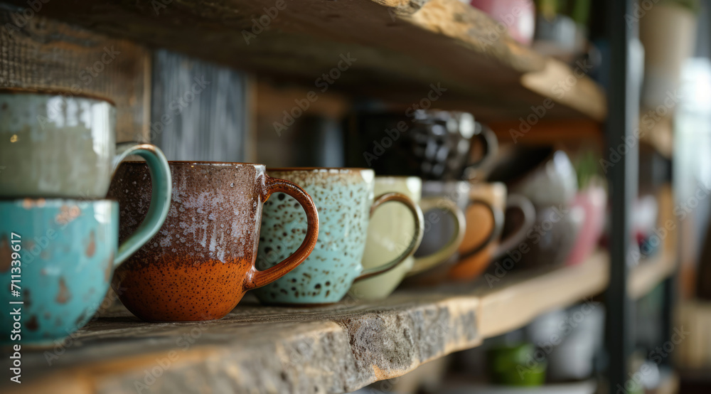 Assorted ceramic mugs on a rustic wooden kitchen shelf.