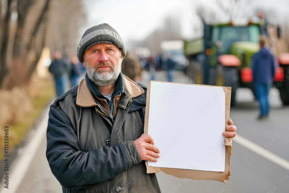 Landwirt hält ein leeres Plakat in der Hand, im Hintergrund Menschen und Traktoren - Symbolbild Landwirt hält ein leeres Plakat in der Hand, im Hintergrund Menschen und Traktoren - Symbolbild