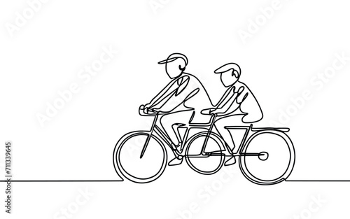 Continuous one line drawing of father & son cycling