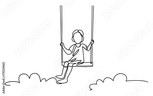 Continuous one line drawing of kid on swing