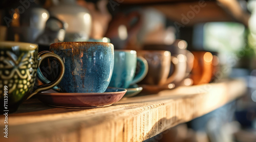 Colourful ceramic mugs lined up neatly on a wooden shelf.