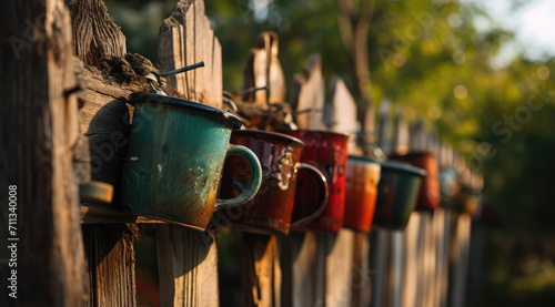 Row of weathered enamel mugs on a sunny garden fence. 