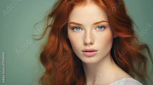 Wallpaper Mural Portrait of an elegant, sexy happy Caucasian woman with perfect skin and red hair, on a light green background, banner. Torontodigital.ca