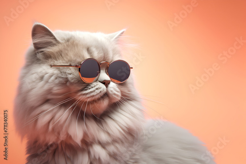 Creative animal concept. British Longhair cat kitten in sunglass shade glasses isolated on solid pastel background, commercial, editorial advertisement, surreal surrealism	
 photo