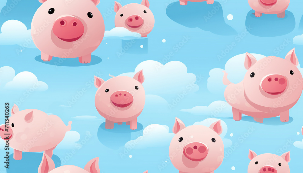 cute pink pig happy face with light blue background. Kids woodland animals kawaii seamless pattern design for wrapping paper, fabric and textile. Pastel colors cute pink pig happy face with light blue background. Kids woodland animals kawaii seamless pattern design for wrapping paper, fabric and textile. Pastel colors