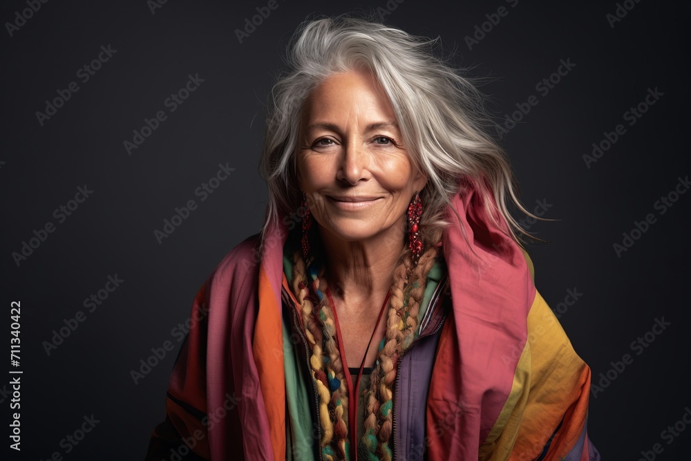 Portrait of a happy senior woman in a colorful shawl