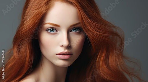 Portrait of an elegant, sexy happy Caucasian woman with perfect skin and red hair, on a gray background, banner.