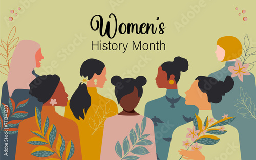 Women's History Month. Women of different ages, nationalities and religions come together. Vector.