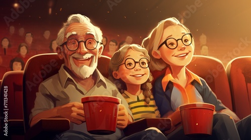 Happy grandfather and grandmother with their granddaughter while watching a movie at the cinema. Entertainment, recreation, fun pastime concepts.