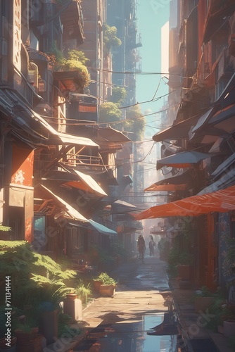 Sunlit alleys, traditional city market scene