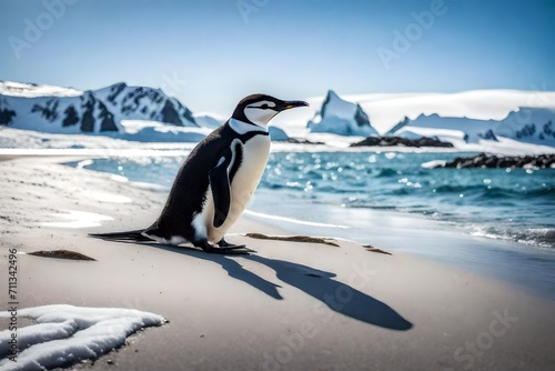 Explore the solitude and tranquility of Antarctica through the lens of a breathtaking image featuring a chinstrap penguin on the beach. 