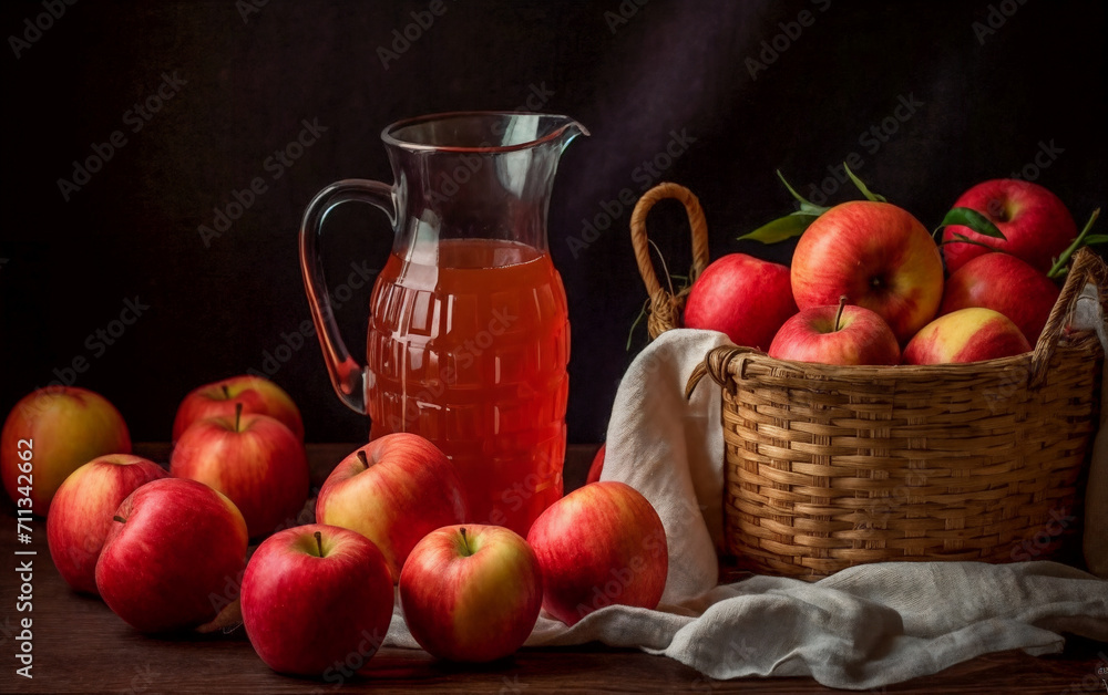 a pitcher of apple cider next to a basket of apples and a cloth napkin on a table with a cloth, generative ai a pitcher of apple cider next to a basket of apples and a cloth napkin on a table with a cloth, generative ai