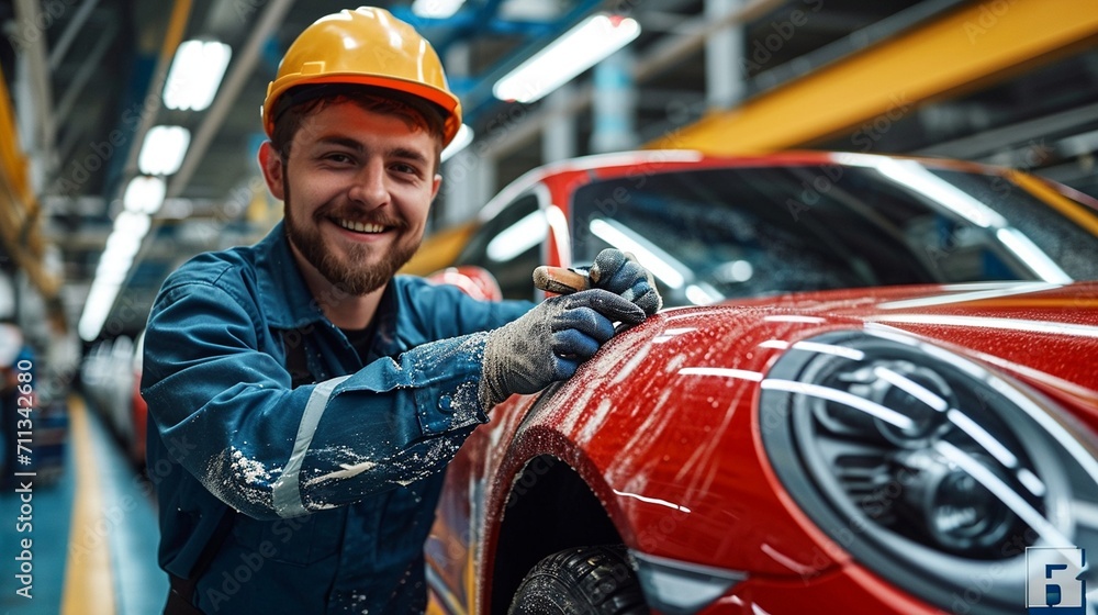Experience the precision and care involved in automotive paint services with a car being coated in varnish using a compressor within a specialized painting enclosure. - obrazy, fototapety, plakaty 