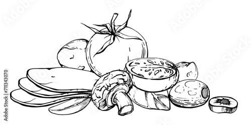 Hand drawn vector ink illustration. Tomato champignon mozzarella cheese basil herb leaves fresh products meal. Composition isolated on white. Restaurant menu, cafe, food shop or package, flyer, print
