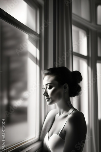 Free Download The beautiful morning light streaking in from the window of solarium, woman silhouette, black and white photography, Ai generated - GFXLoad