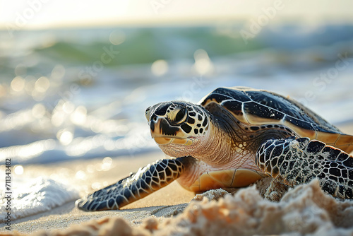 Female hawksbill turtles come ashore to lay their eggs on sandy beaches.