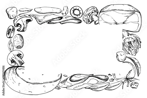 Hand drawn vector ink illustration. Champignon mozzarella artichoke prosciutto tomato basil olive. Corner frame isolated on white. Design restaurant, menu, cafe, food shop or package, flyer, print.