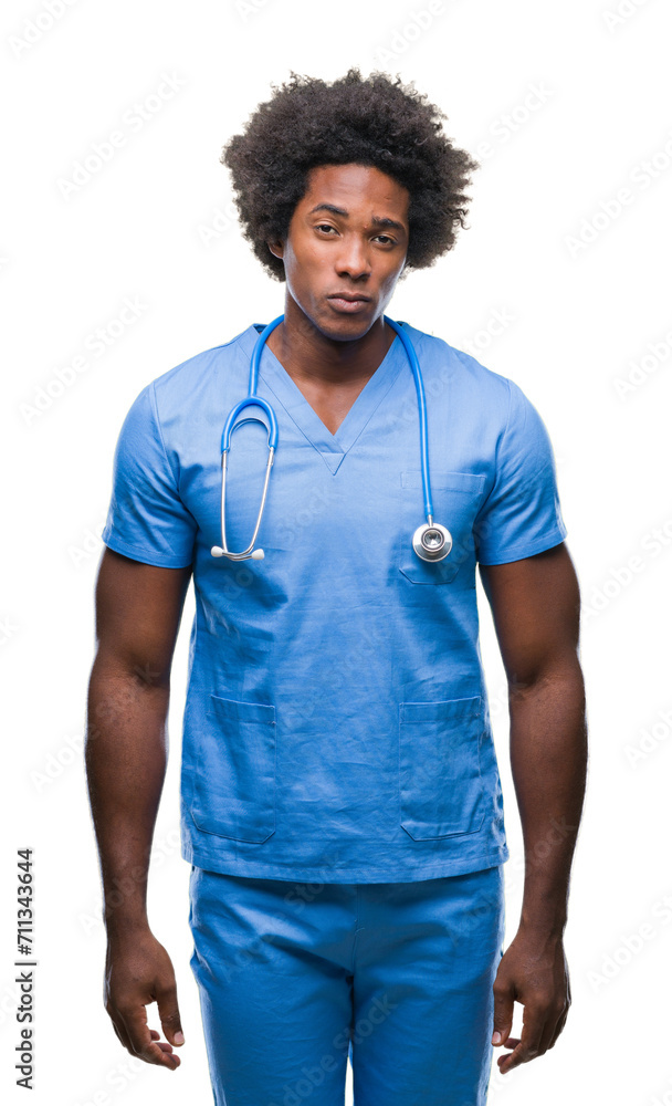 Afro american surgeon doctor man over isolated background skeptic and nervous, frowning upset because of problem. Negative person. Afro american surgeon doctor man over isolated background skeptic and nervous, frowning upset because of problem. Negative person.
